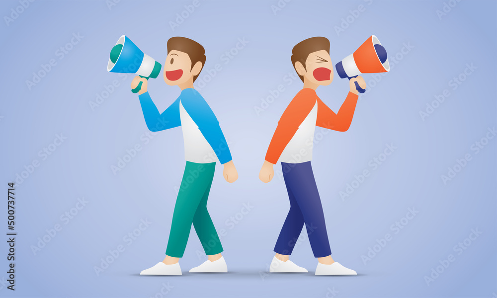 the man on left side is happily announcing something and the man on right side is shouting out loud. good and bad communication concept illustration vector