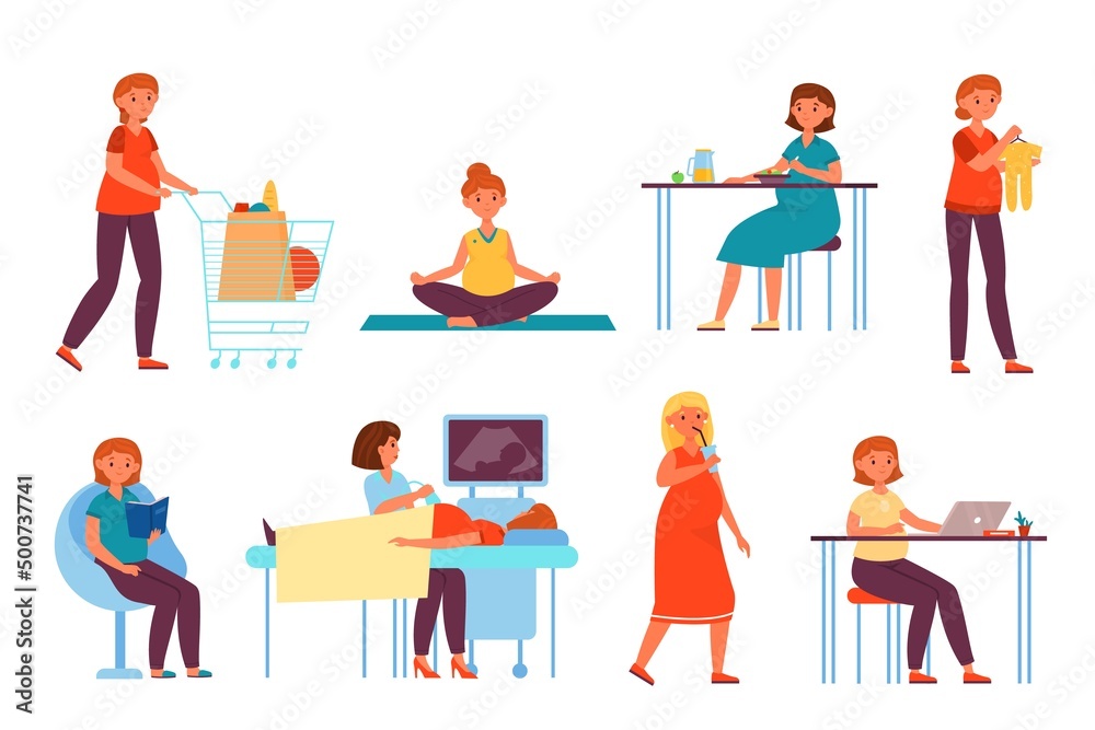 Pregnant woman daily routine. Future mother activity, different actions, medical ultrasound, kids clothes shopping, yoga and reading, walking and eating healthy food, vector cartoon flat set