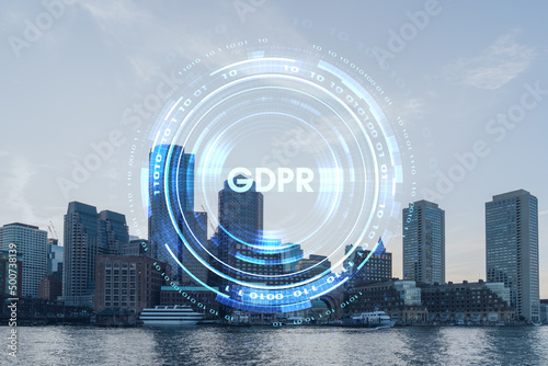 Panorama city view of Boston Harbour at day time, Massachusetts. Building exteriors of financial downtown. GDPR hologram is data protection regulation and privacy for all individuals within EU Area