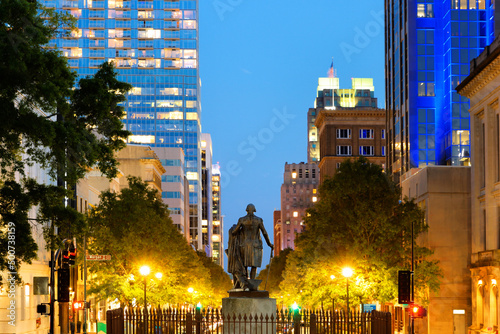 George Washington Statue outside the Capitol building at Union Square in Raleigh after sunset, NC. Shallow depth of field was applied.