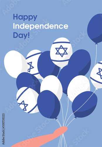 Hand holds balloons with Israeli flag. Happy independence day banner. Flat vector illustration.