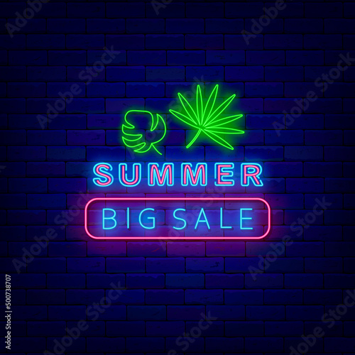 Summer big sale neon signboard with tropical leaves. Season discount advertising. Vector stock illustration