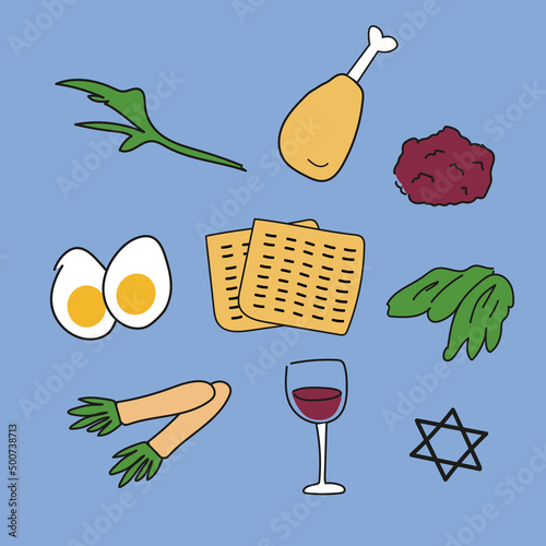 Jewish holiday Pesach. Traditional food collection. Vector illustration in flat style.