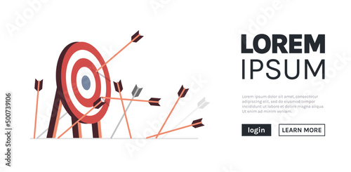 Many arrows missed hitting the target mark and business challenge failure metaphor flat vector illustration.