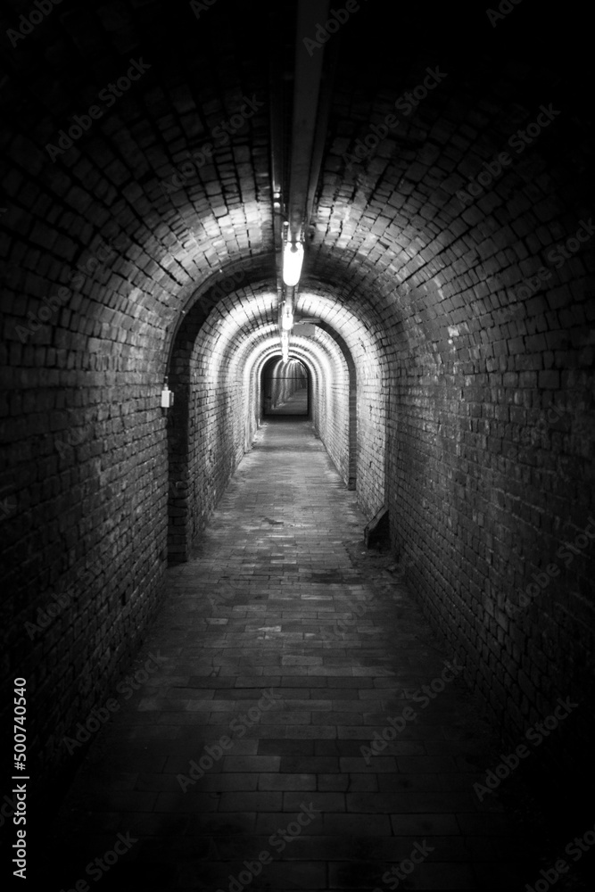 Black and white vertical shot of underground brick tunnel