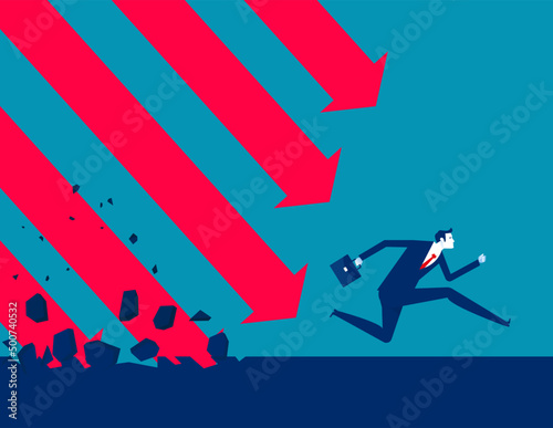 Fleeing a falling arrows destroying the ground. Business accident and disasters concept