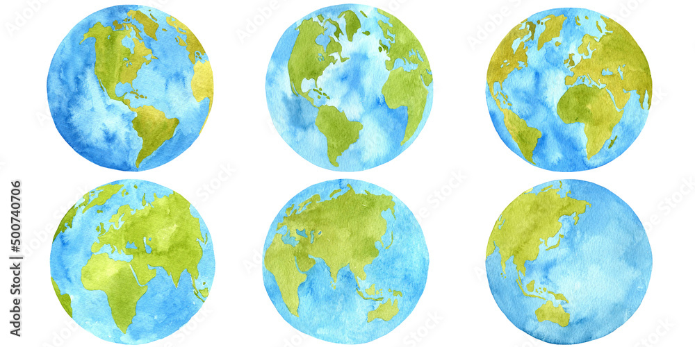 Watercolour set Planet Earth isolated on white background. Symbol of life, nature, foundation, ecology, international events. Clip art element for design. - obrazy, fototapety, plakaty 