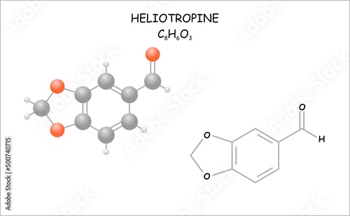 Stylized molecule model/structural formula of heliotropine. Use as fragrance in perfumery and cosmetic industry.