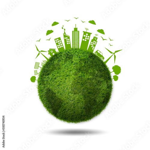Fototapeta Naklejka Na Ścianę i Meble -  Green planet earth covered with grass. Earth day, Sustainable development, World environment day and Eco friendly concept