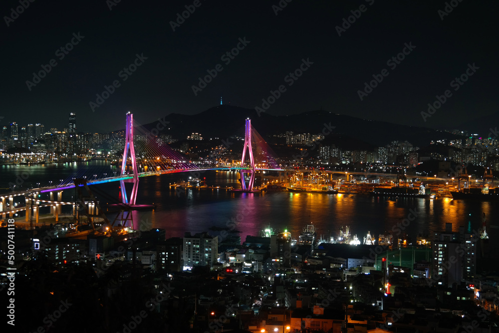 The night view of the bridge in Busan, a port city in South Korea