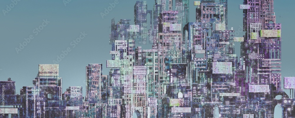 Futuristic city in the night, surreal art, architecture painting, abstract of building, panorama