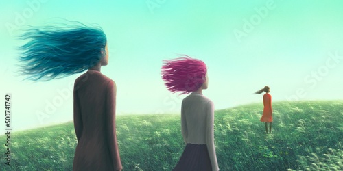 Group of weman in a grass field looking at the sky. Concept art of freedom ,hope, feminism, and dream. Conceptual 3d illustration. painting 