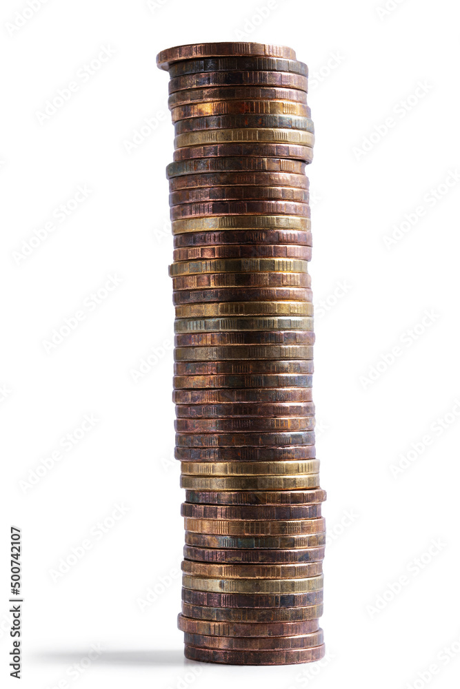High stack of copper coins isolated on white