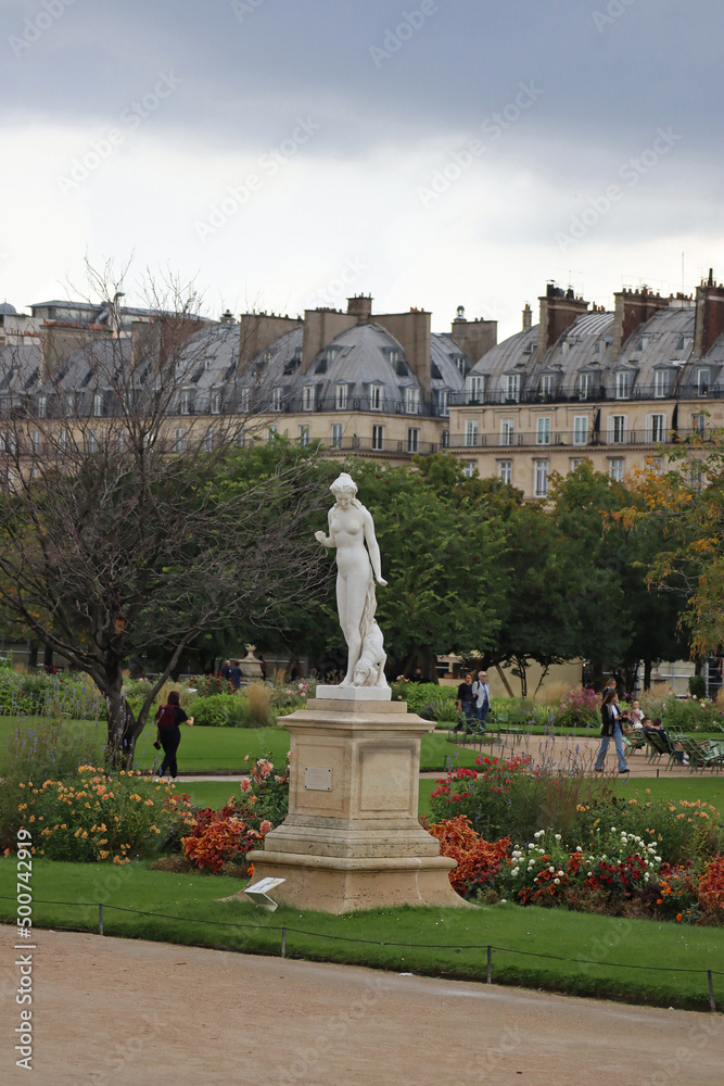 Tuileries Garden in the center of Paris on a rainy day