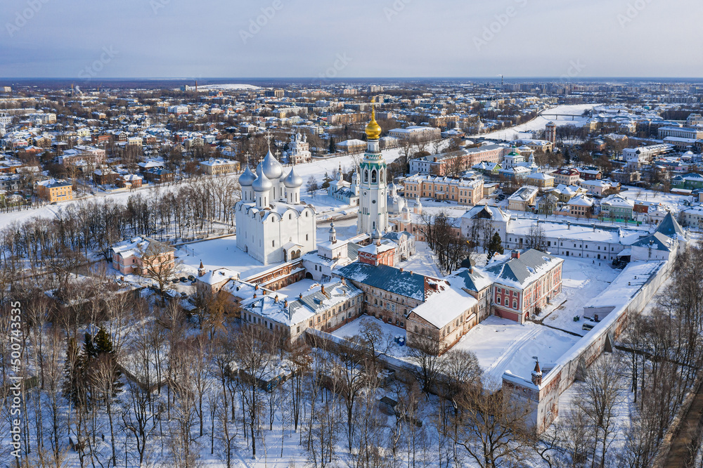 Vologda in winter. Aerial view of the Resurrection Cathedral, the Bell Tower of St. Sophia Cathedral and the Church of the Nativity of Christ in the Bishop's Courtyard.
