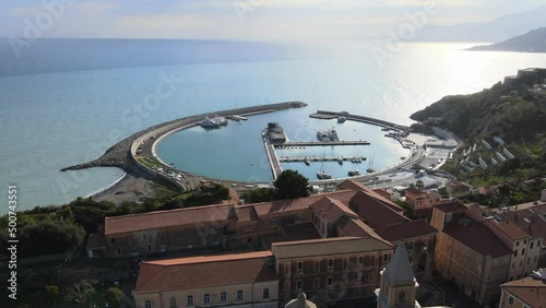 Ventimiglia, Imperia, ripresa aerea dal porto fino alla parte alta della città. 
