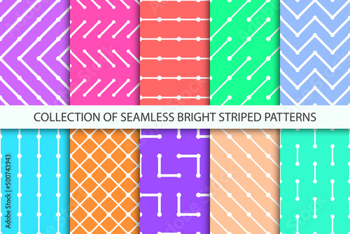 Collection of vector seamless colorful striped creative patterns. Bright repeatable geometric backgrounds. Modern stylish endless vibrant prints