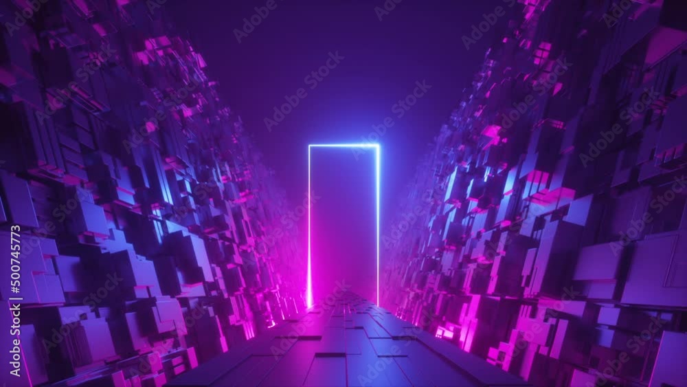 looped 3d animation. Abstract futuristic neon background. Moving forward the endless road under the night sky