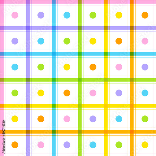 Cute Polkadot Circle Round Dot Geometry Element Rainbow Colorful Pastel Stripe Striped Line Checkered Plaid Tartan Buffalo Scott Gingham Pattern Cartoon Vector Seamless Pattern Print Mat Background 