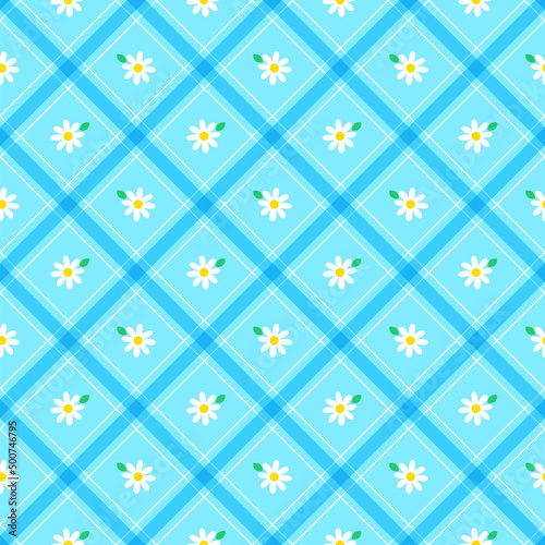 Cute White Daisy Flower Element Pastel Blue Green Diagonal Stripe Striped Line Tilt Checkered Plaid Tartan Buffalo Scott Gingham Pattern Flat Cartoon Vector Seamless Pattern Print Background Fashion 