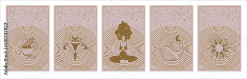 Fényképezés A set of mystical posters, a meditating girl, a sacred uterus, a magical whale, a golden sun
