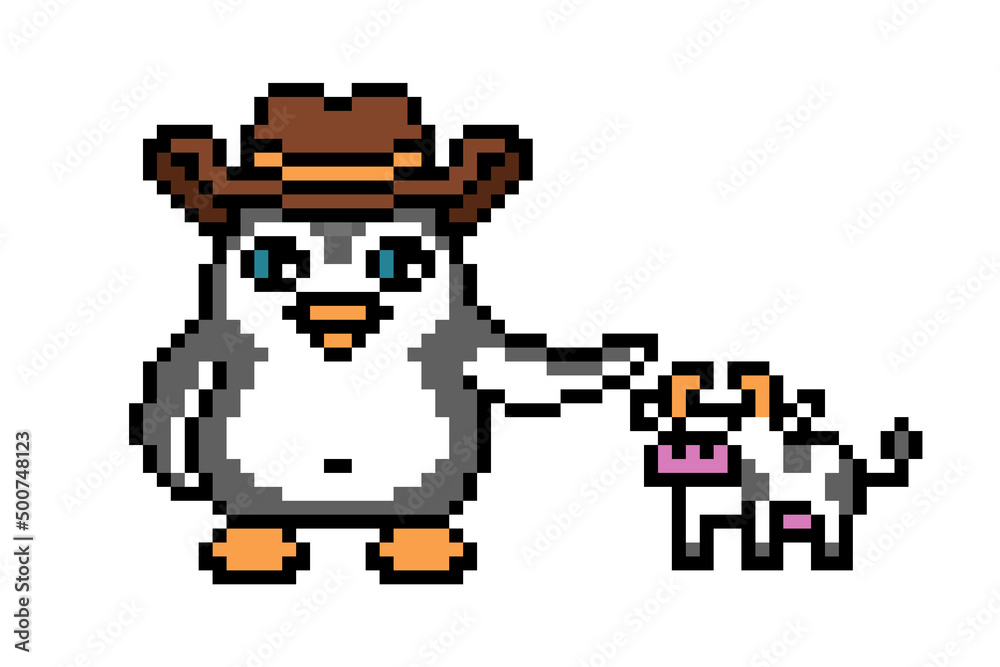 Obraz premium Cowboy penguin in a hat with a toy cow, cute cartoon pixel art animal character isolated on white background. Old school retro 80s, 90s 8 bit slot machine, video game graphics. Wild west herder mascot