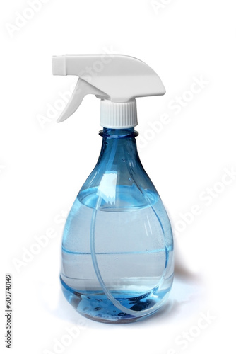 Sprayer for plants with water on a white background. Atomizer, sprayer of water and fertilizers for the care and treatment of plants. Spring garden work, cleaning.