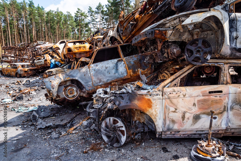 IRPIN, Kyiv REGION, UKRAINE 24.04.2022. Car graveyard. Shot cars of civilians. russia's war against Ukraine