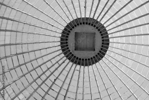 Looking upwards inside a glass frame dome