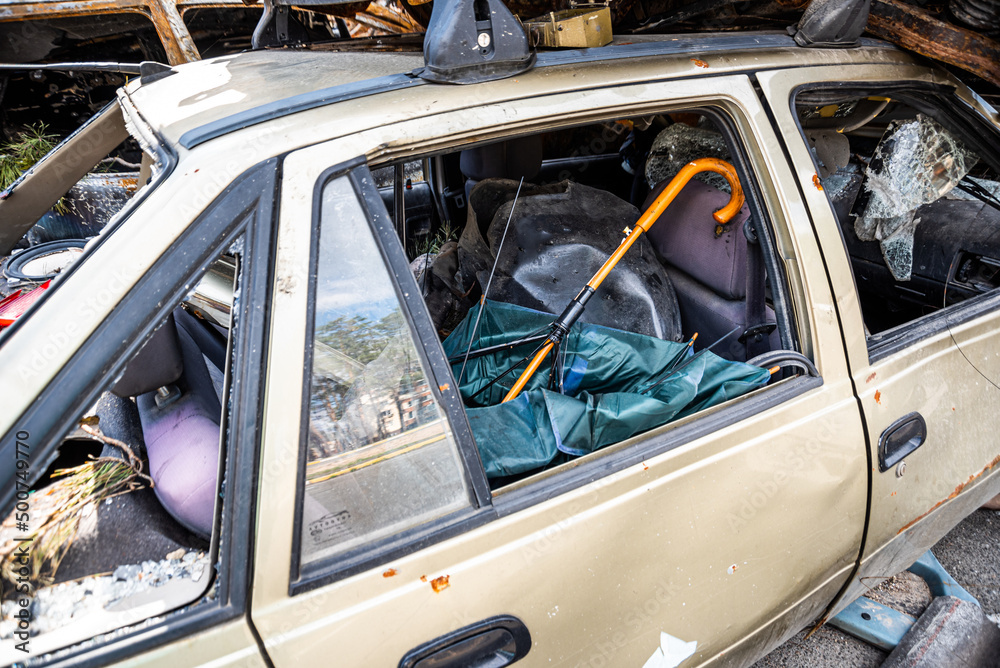 IRPIN, Kyiv REGION, UKRAINE 24.04.2022. Car graveyard. Shot cars of civilians. russia's war against Ukraine