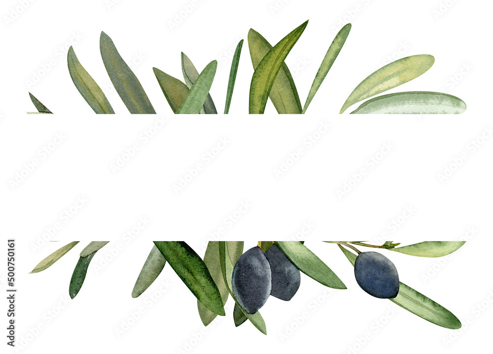 Watercolor hand drawn frame with olive leaf and olives. Stock ...