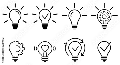 Light bulb linear icon set. Ideas and process icon in flat style. Light Bulb with gear, checkmark and arrows icon. Implementation concept. Vector illustration for graphic design, Web, UI, mobile app
