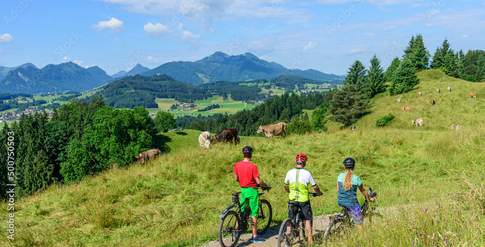 Drei Radfahrer mit E-Bikes genießen die herrliche Natur im östlichen Allgäu