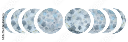 Watercolor hand drawn moon phases isolated on white background