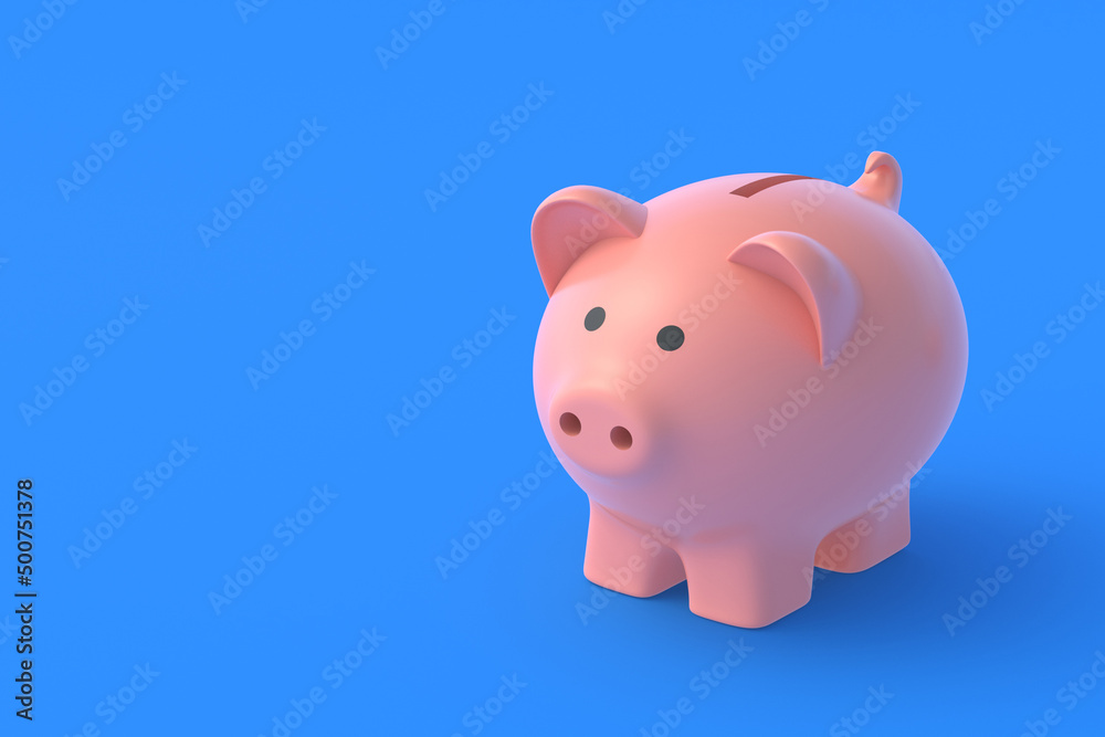 Piggy bank on blue background. Copy space. 3d render