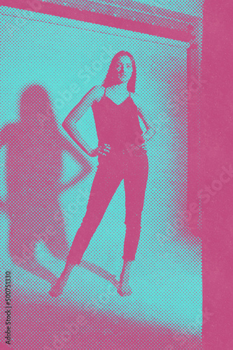 Abstract illustration of fashion and style concept. Fashion studio portrait of slim model standing in studio background in halftone pattern made of dots and vivid colors. Grunge style