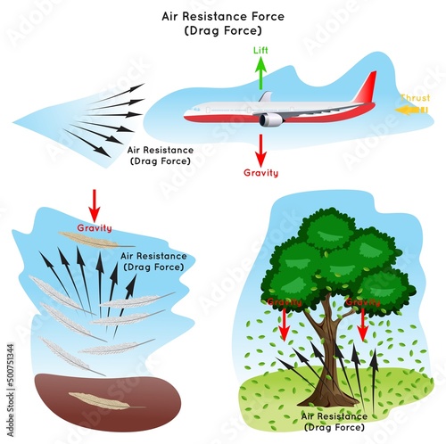 Air Resistance Force Drag Force Infographic Diagram example aeroplane moving in straight line and feather falling on ground tree shedding leaves gravity lift thrust physics science education vector