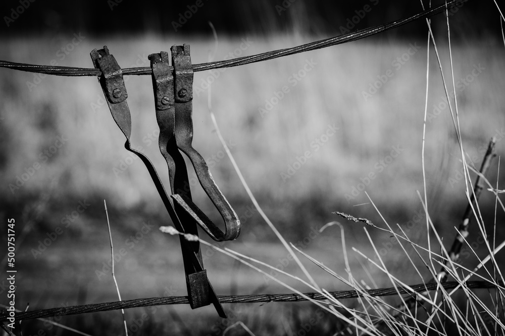 Old bent metal sheet hanging on barbed wire