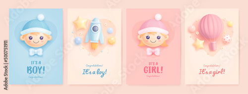 Set of baby shower invitation with cartoon boy, girl, hot air balloon and rocket on blue, pink and beige background. It's a boy. It's a girl. Vector illustration