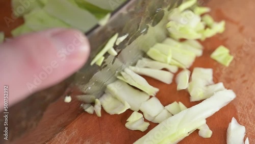 Cabbage being chopped in slow motion with a Japanese style chef knife.  Close up view of common vegetable being prepared for a meal.