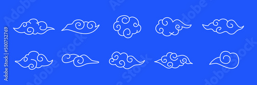 Set of oriental cloud illustration design.  Clouds elements in chinese style. Linear hand drawn clip art ornament for classy contemporary design.