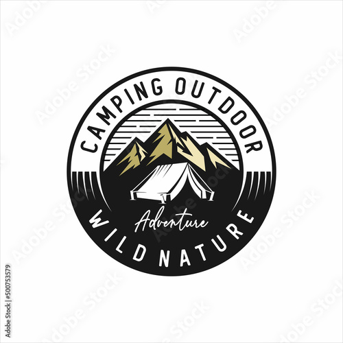 Vintage camping and outdoor adventure emblems, logos and badges. Camp tent in forest or mountains. Camping equipment. Vector.