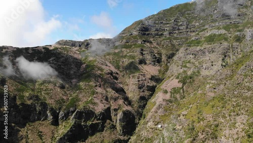 Madeira Levada do norte hiking area with clouds and waterfall drone