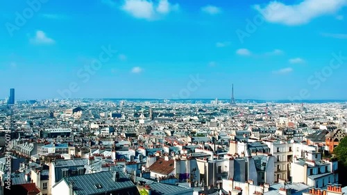Aerial view of Paris, France, with the Eiffel tower, the Montparnasse tower, the Opera