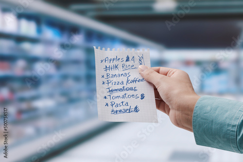 Woman holding a messy shopping list photo