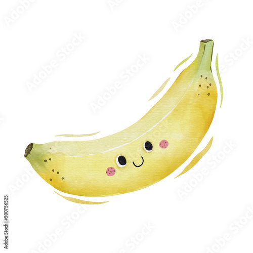 Watercolor cute banana cartoon character.