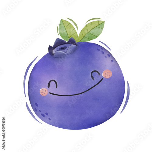 Watercolor cute blueberry cartoon character.