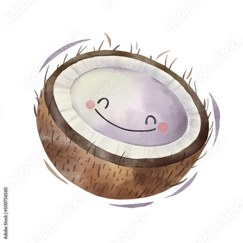 Watercolor cute coconut cartoon character.