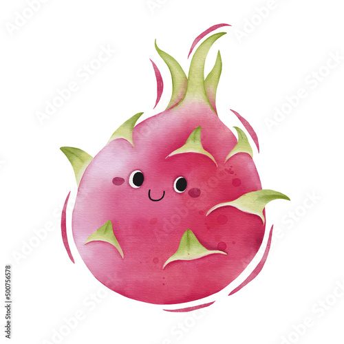 Watercolor cute dragon fruit cartoon character.
