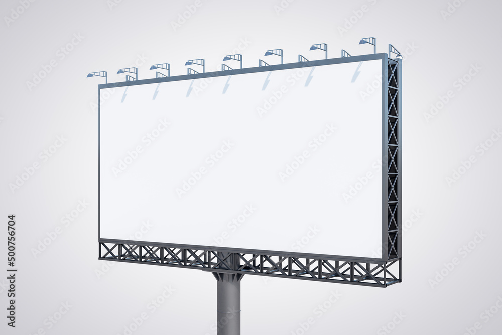 Obraz premium Blank white billboard isolated on light background, perspective view. Mock up, 3D Rendering